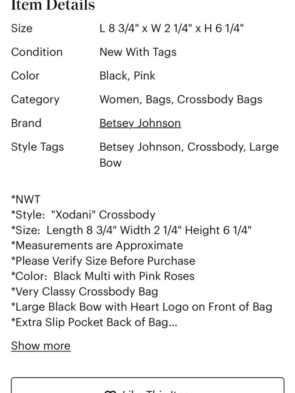 Betsey Johnson Black Floral Crossbody with Pink Rose Print and Bow - Picture 7 of 8